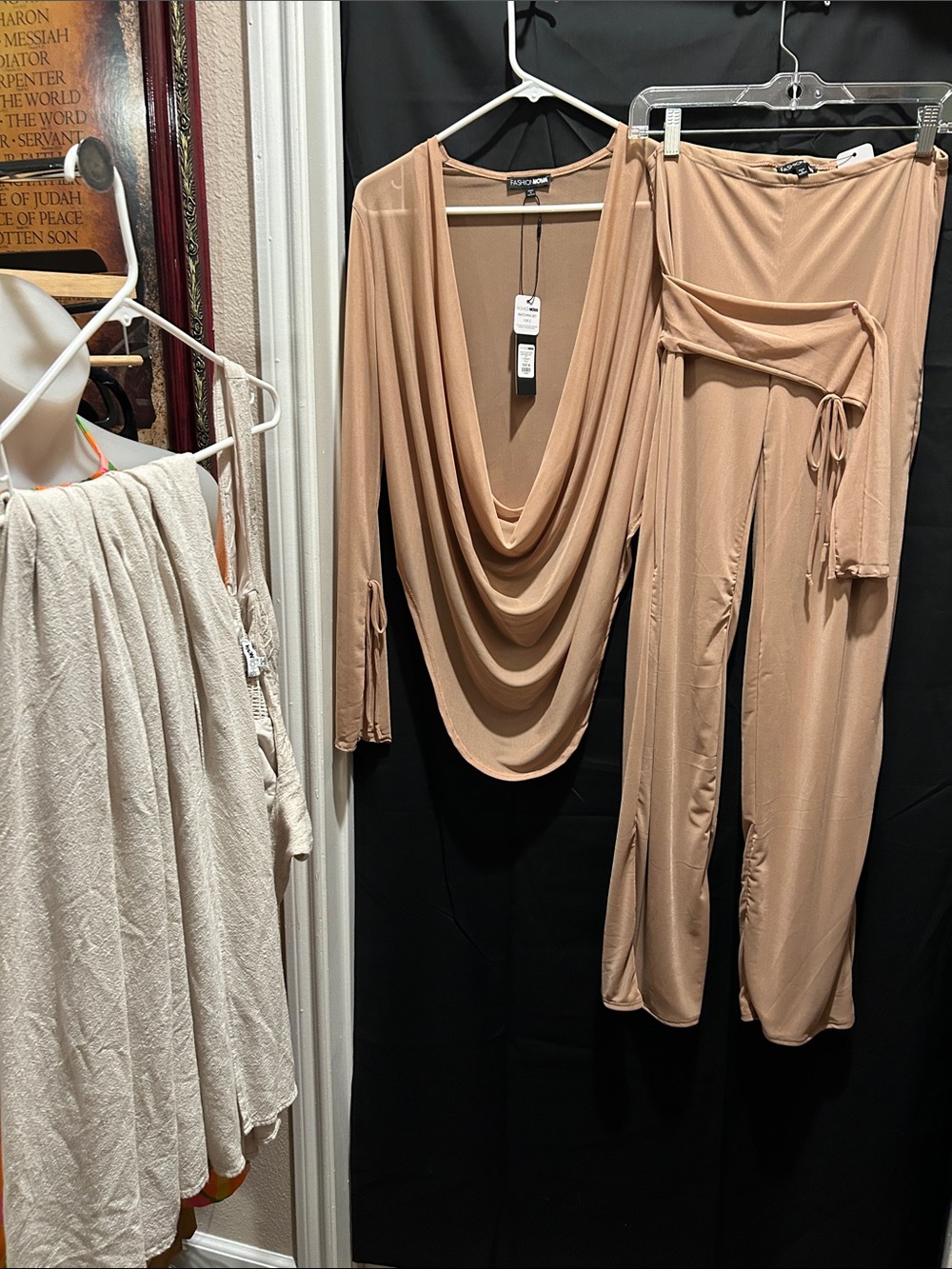 Fashion Nova Nude Draped Deep-V Wide Leg Jumpsuit Set